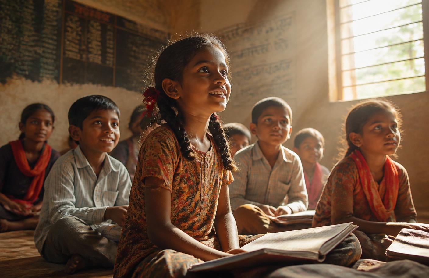 Children studying at desks in a government school classroom in India